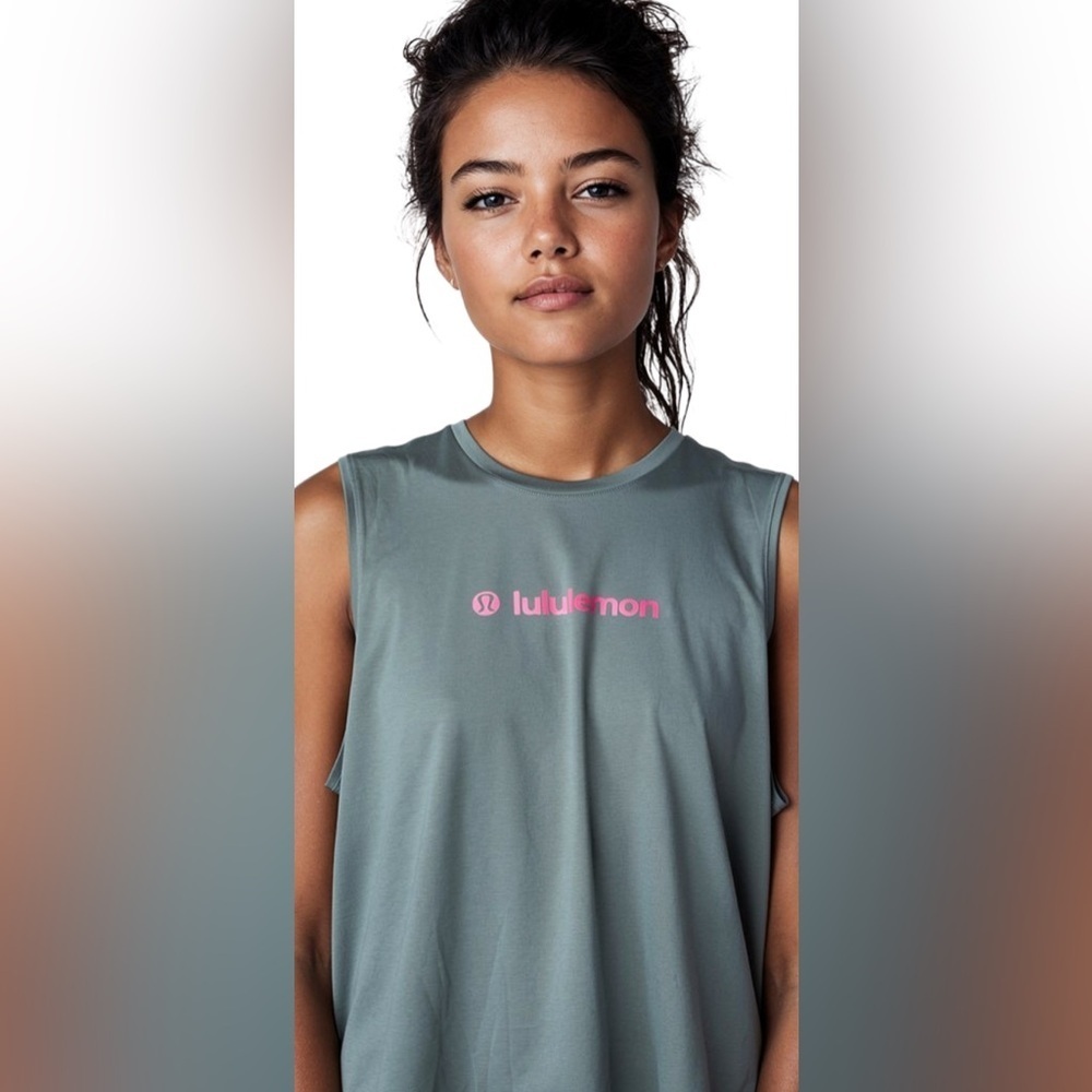 New- XL sage, green sleeveless active top with pink graphic decal on front